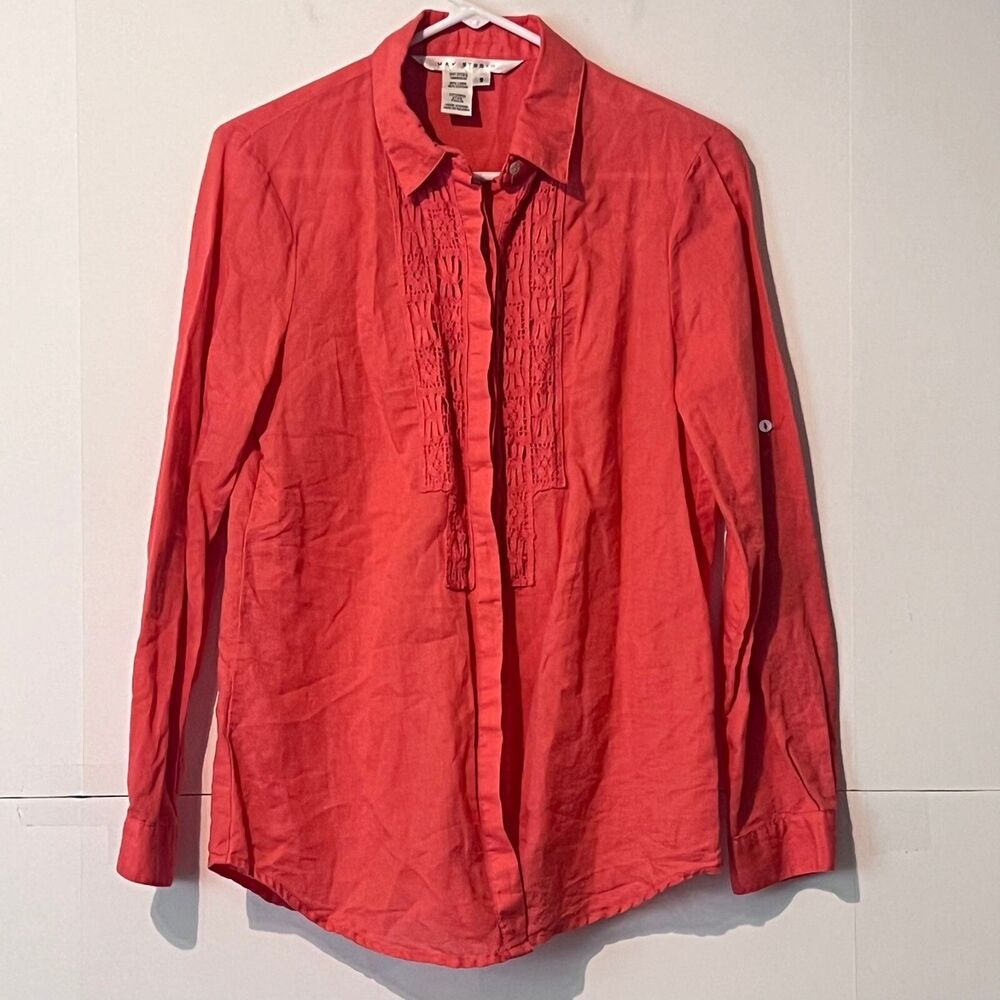 Max Studio Womens Shirt Size S Pink Linen Blend Long Sleeve Button Up Roll Tab